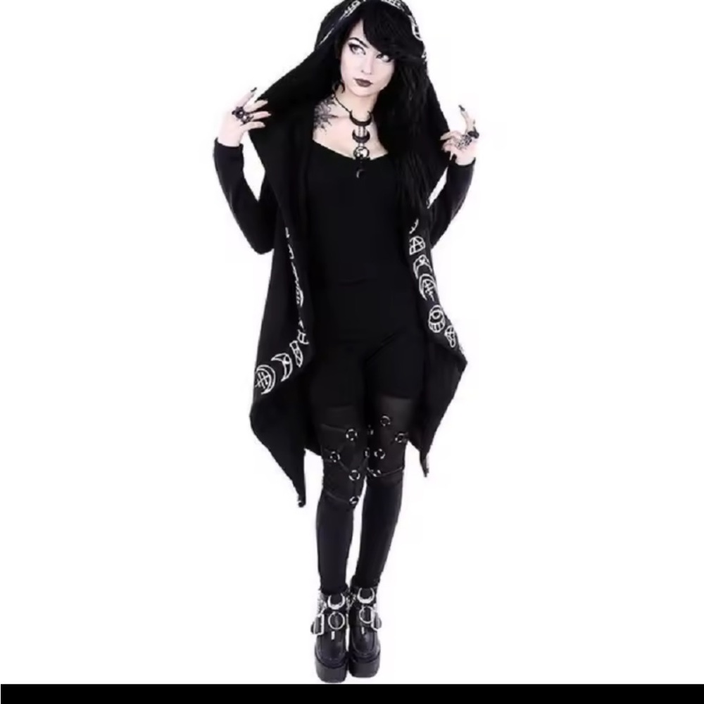 Black Hooded Cardigan with White Symbols - Picture 3 of 6